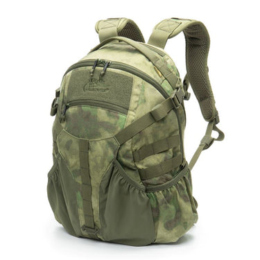 20L Cordura backpack, green camouflage; side view with shoulder strap and webbing