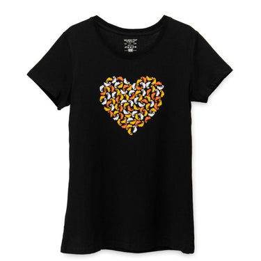 Black women’s cotton T-shirt with colorful heart graphic on front