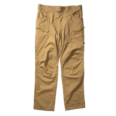 Tan ripstop cargo pants with front zipper fly, belt loops, and cargo pockets