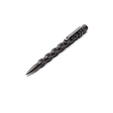 Tactical defender pen with textured barrel and gun metal striking tip