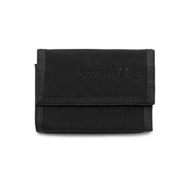 Black fabric wallet with foldover flap and embossed logo.