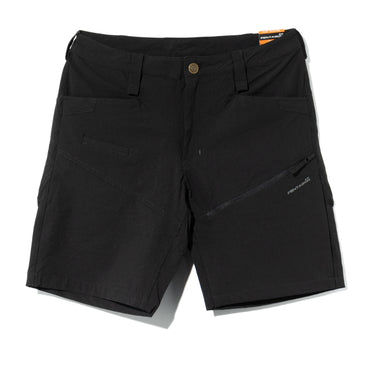 Black utility shorts with belt loops, button waistband, and front zip pocket