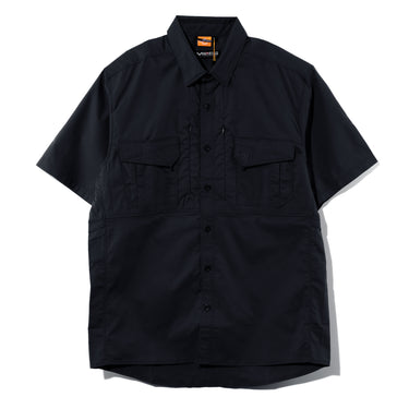 Midnight blue short-sleeve tactical button-up shirt with two chest pockets and collar.