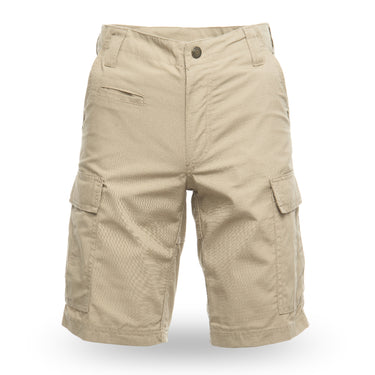 Khaki BDU cargo shorts with button fly and side cargo pocket flaps