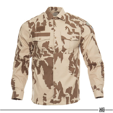 Desert camo field shirt with long sleeves, button front and two chest flap pockets