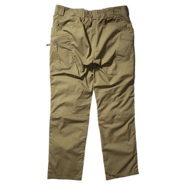 Khaki ripstop cargo pants, front view, cargo pockets and adjustable waist