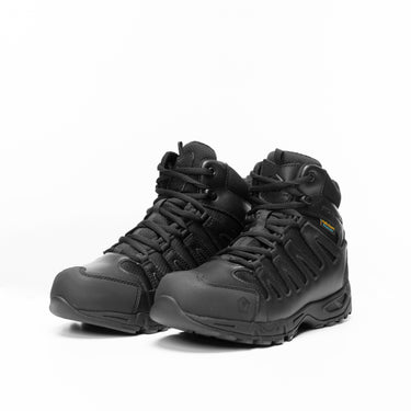 Black 6in trekking boot, lace-up with padded collar and rugged rubber outsole.