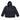 Black hooded rain jacket front view with drawstring hood and flap pockets