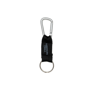 Silver carabiner with black fabric strap and metal keyring loop