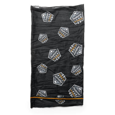 All-weather neck gaiter, flat, in black with small repeating logo patches and orange edge