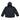 Dark navy hooded rain jacket back view with raised hood and side pocket zips