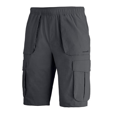 Black functional cargo shorts with elastic waistband and side flap pockets