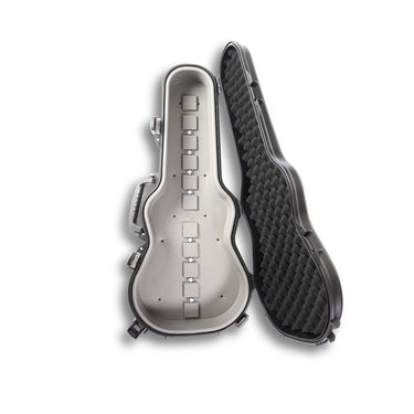 Hard shell rifle case with open lid, gray interior, and black padded insert