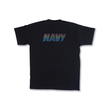 Black T-shirt with multicolor striped 'NAVY' graphic centered on back