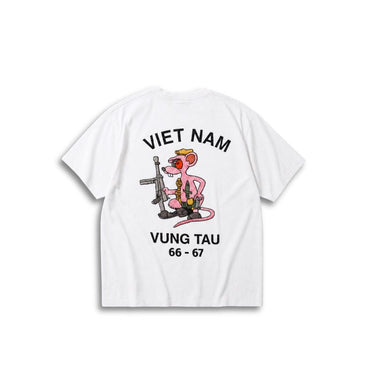 White crewneck T-shirt with “VIET NAM” and “VUNG TAU 66-67” back graphic print