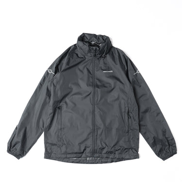 Packable rain jacket in dark black, full-zip front with stand collar and hood.