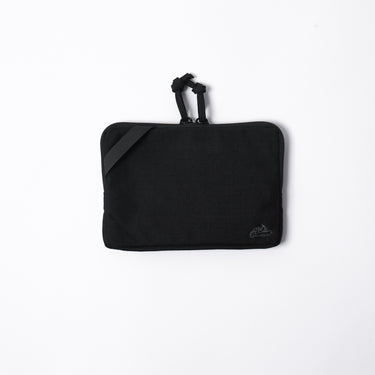 Black trip wallet pouch with elastic cord closure and small logo patch