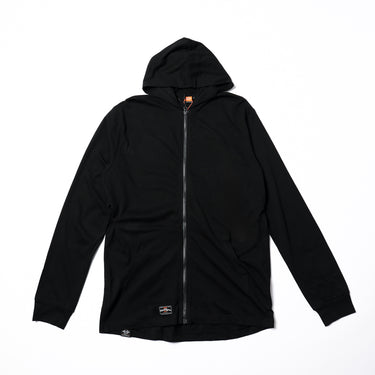 Black hooded zip-up jacket with front pockets and adjustable cuffs