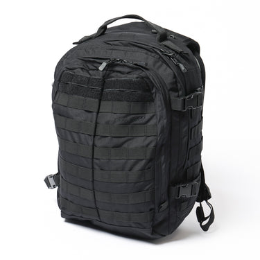 Black tactical backpack with front MOLLE webbing and adjustable shoulder straps