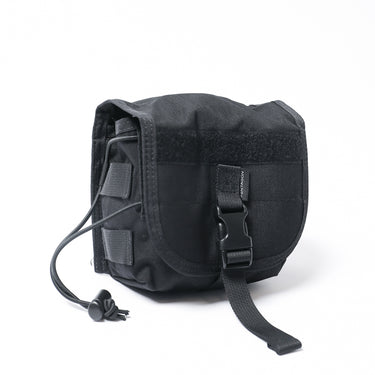 Black tactical general pouch with front flap, side tabs, and shoulder strap.