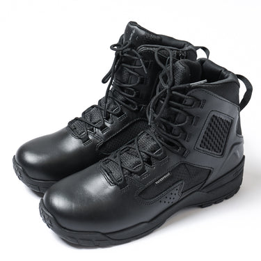 Black tactical side-zip boots with lace-up front and padded ankle collar