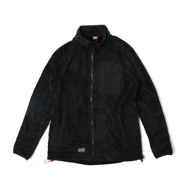 Full-zip fleece sweater in black with stand collar and front zipper closure