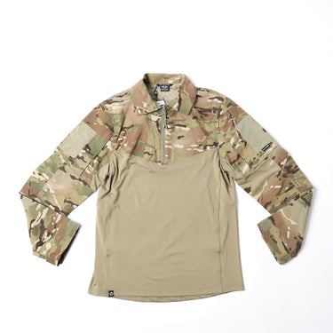 Camouflage tactical shirt with quarter-zip collar, long sleeves, tan front panel