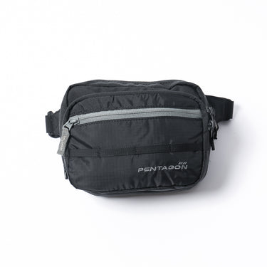 Black zipper pouch with front pocket, top zip, and adjustable belt strap