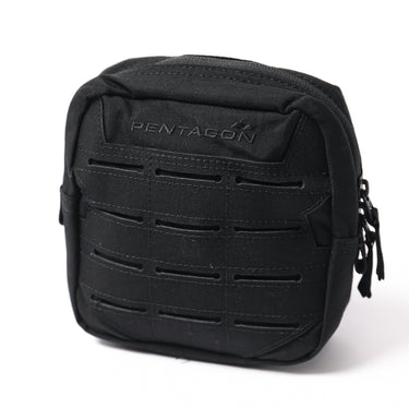 Black utility pouch with front slotted webbing panel and zipper pull tabs