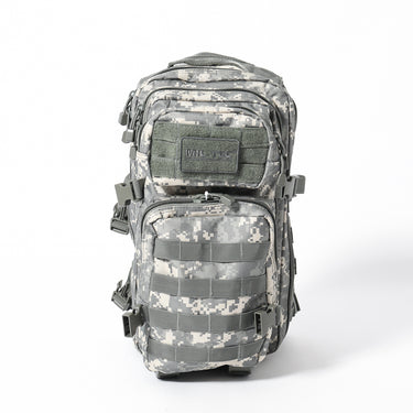 20L assault backpack front view in digital camouflage with multiple zipper compartments