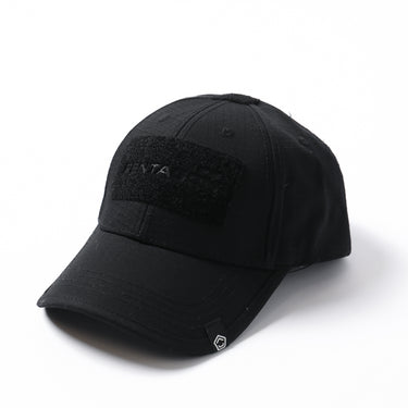 Black tactical ripstop cap with front hook-and-loop patch and curved brim