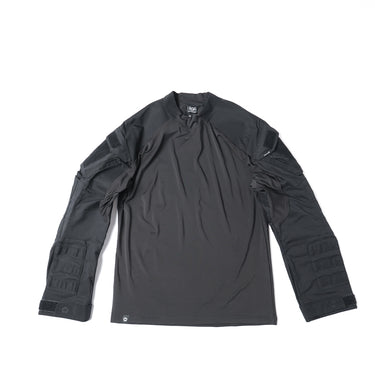 Black combat shirt with stand collar and long sleeves, tactical padded sleeve panels