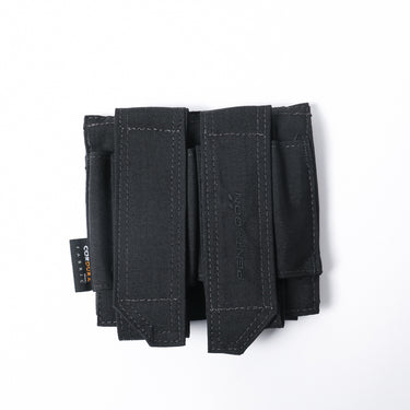 Black double MOLLE multi pouch with three front panels and vertical webbing straps