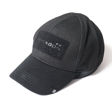Black mesh baseball cap with front logo patch and short curved brim