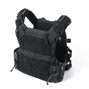 Black plate carrier vest with textured front panel and adjustable shoulder straps.