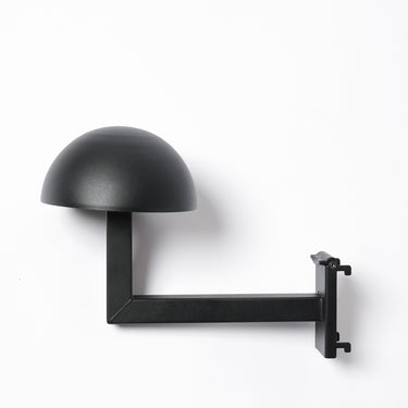 Black helmet rack wall mount with horizontal bar and side bracket