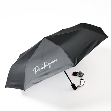 Noah umbrella, black canopy with Pentagon logo, side view with strap handle