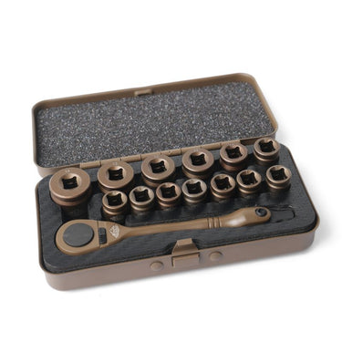 14-piece tactical socket tool kit in sand case with assorted socket bits and handle