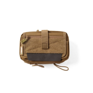 Tan medical pouch with top flap, front pocket panel, and dangling cord loops