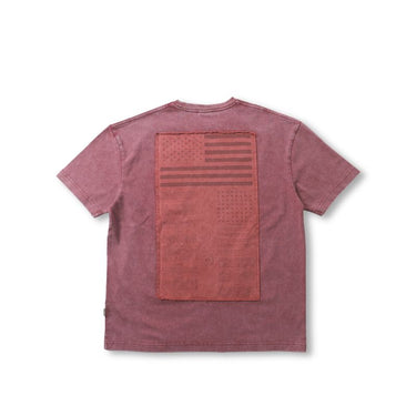 Washed burgundy T-shirt with large rectangular flag-style graphic on the back