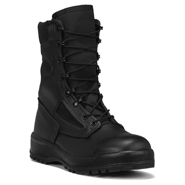 Black lace-up combat boot with padded collar and rugged rubber outsole