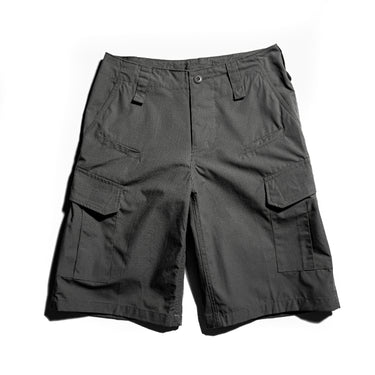 Dark gray cargo shorts with belt loops, button front, and side flap pockets.