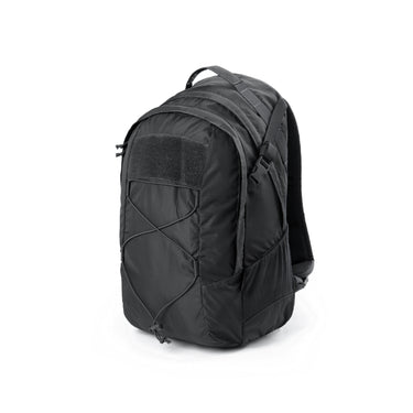 Black nylon EDC backpack, front side view with padded compartment and webbing