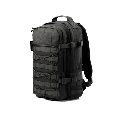 Dark tactical backpack with MOLLE webbing front, top handle, and curved padded shoulder strap.