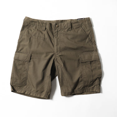 Ranger green BDU cargo shorts, front view with belt loops and multi-pocket design