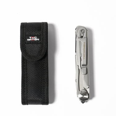 Silver multitool clipped in black nylon sheath