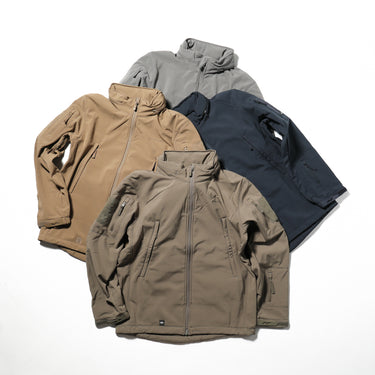 Softshell jacket assortment: tan, gray, navy, and dark blue