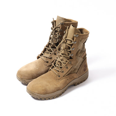Coyote brown suede combat boots with lace-up front and padded ankle collar