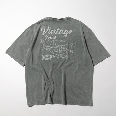 Grey crew-neck tee with large 'Vintage Series' helicopter graphic on back
