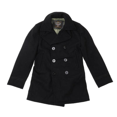Dark peacoat with notch lapels and double-breasted button front, long sleeves